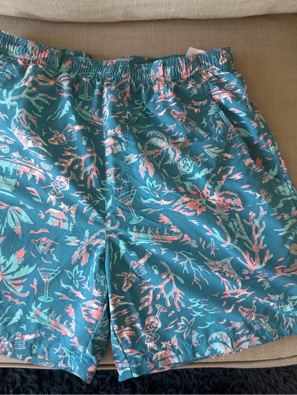 Columbia Teal & Pink Tropical Print Men's Swim Trunks